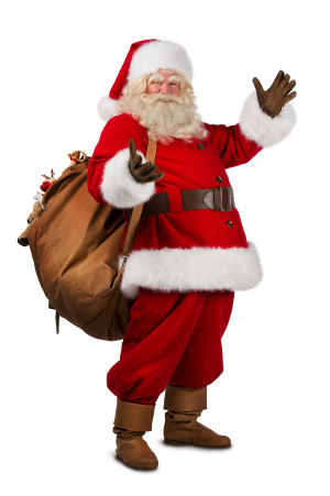 Real Santa Claus carrying big bag full of gifts, isolated on white background