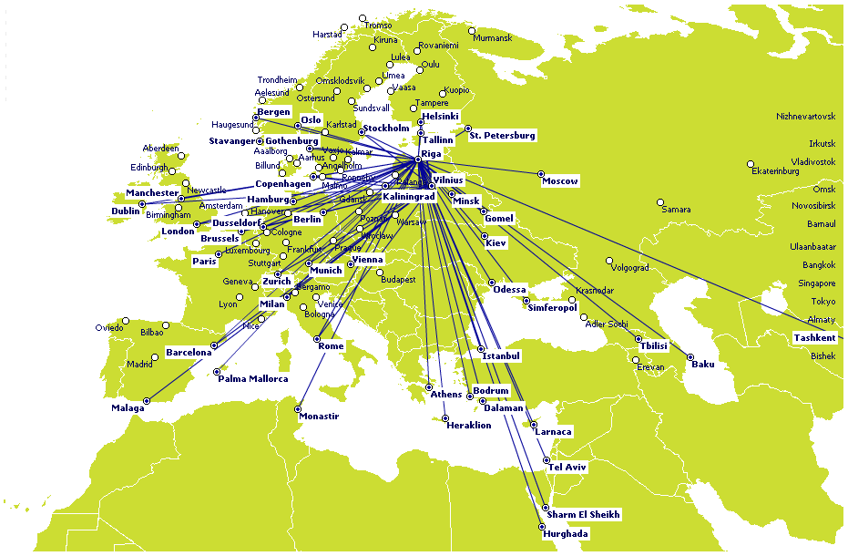 les destinations en europe ave Air baltic